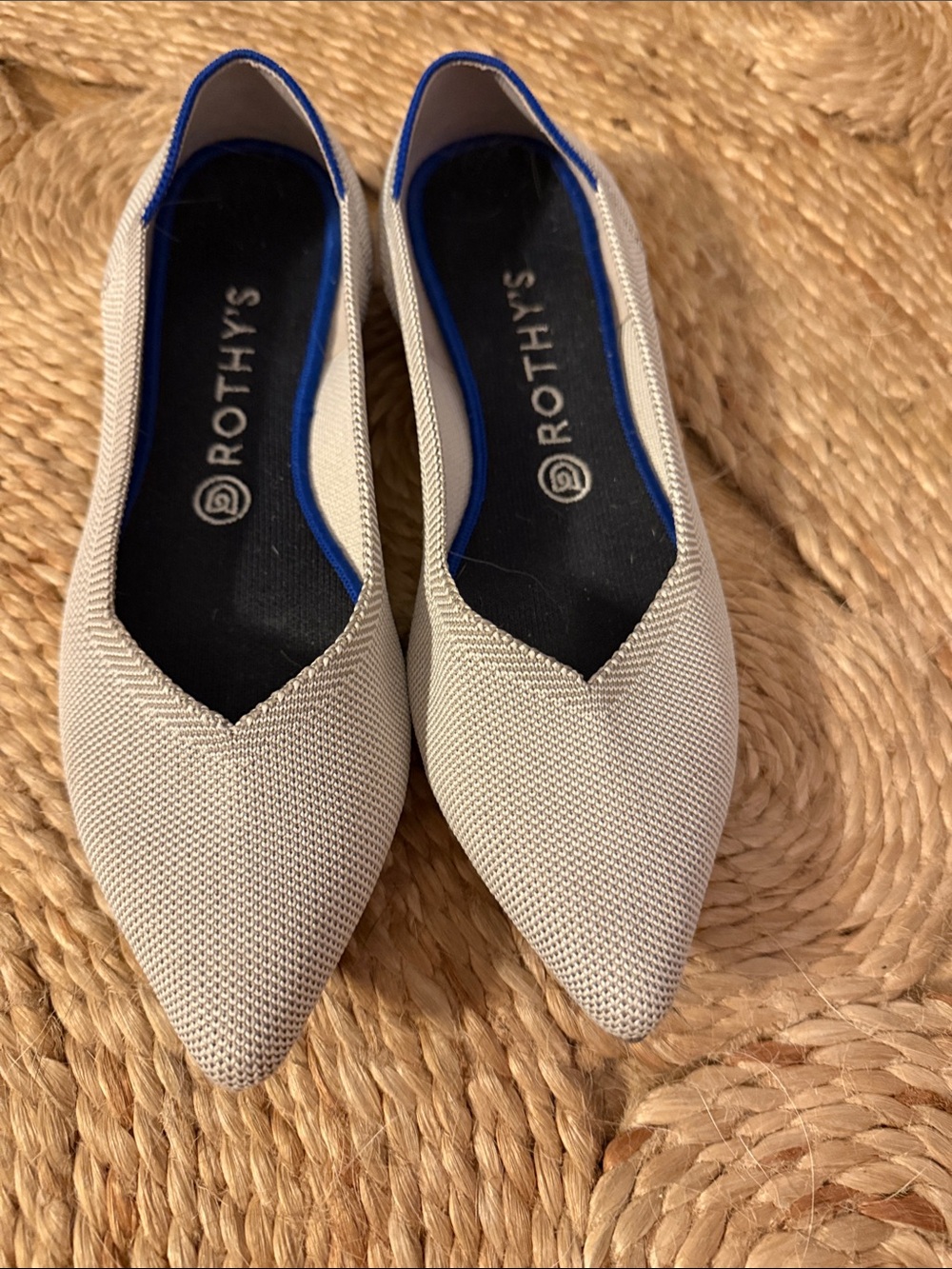 Rothy's Pointed Knit Flats in Light Gray with Blue Trim